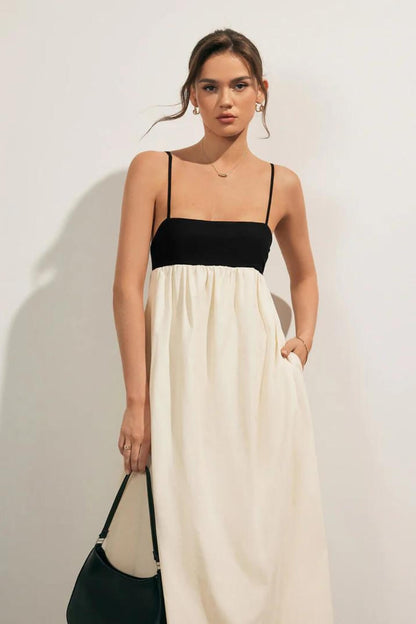 Midikleid aus Leinen-Baumwoll-Mischung für Damen, Schwarz und Weiß