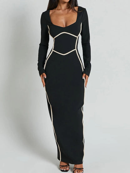 Langarm Bodycon Maxikleid mit Kontrastbesatz