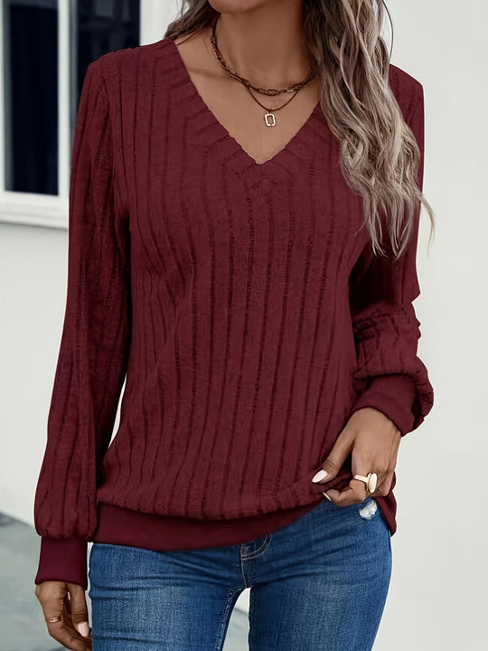 Gerippter V-Ausschnitt Pullover für Damen