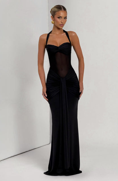 Ärmelloses gerafftes Jersey-Mesh-Maxikleid