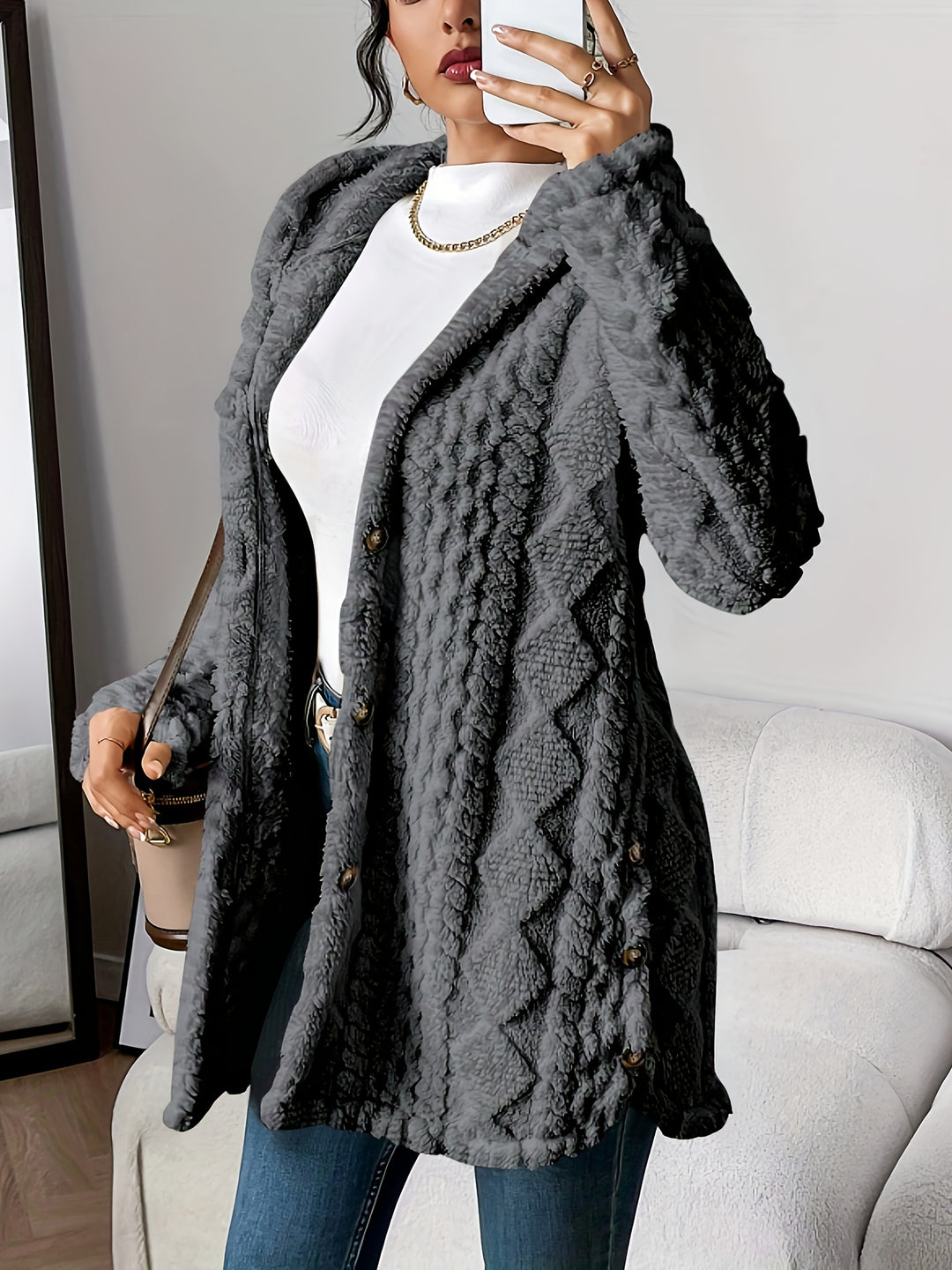 Lässiger Teddy-Mantel mit Knöpfen für Damen