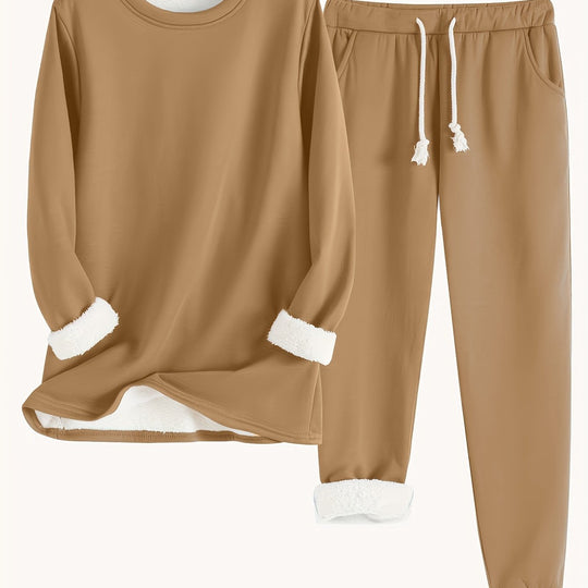 Zweiteiliges Fleece-Set mit Rundhalsausschnitt und Hose für Damen
