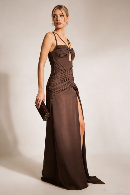 Maxikleid aus Nylon-Spandex mit Trägern in Braun