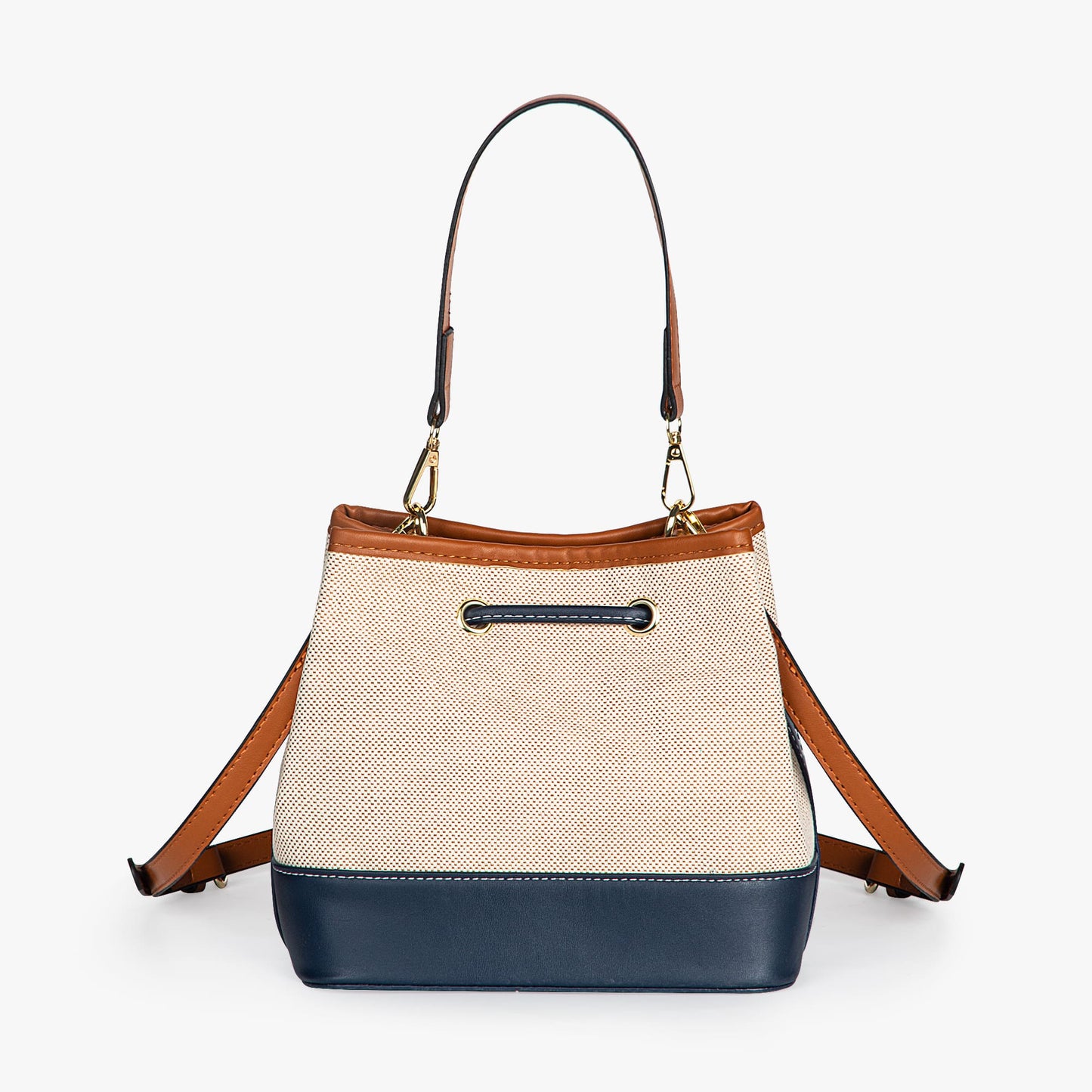 Canvas-Eimer-Tasche mit veganem Lederbesatz und Kordelverschluss