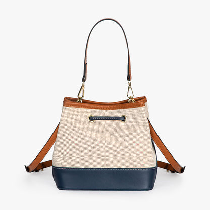Canvas-Eimer-Tasche mit veganem Lederbesatz und Kordelverschluss