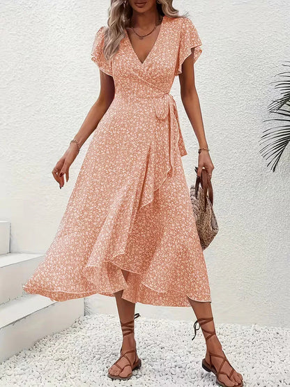 Midi-Wickelkleid mit Blumenmuster und asymmetrischem Saum