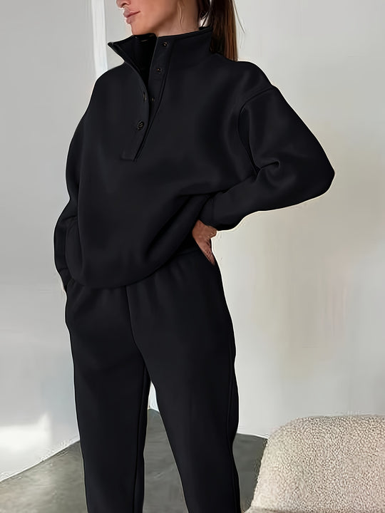 Zweiteiliges Sweatshirt-Set mit Stehkragen und Knopfleiste für Damen