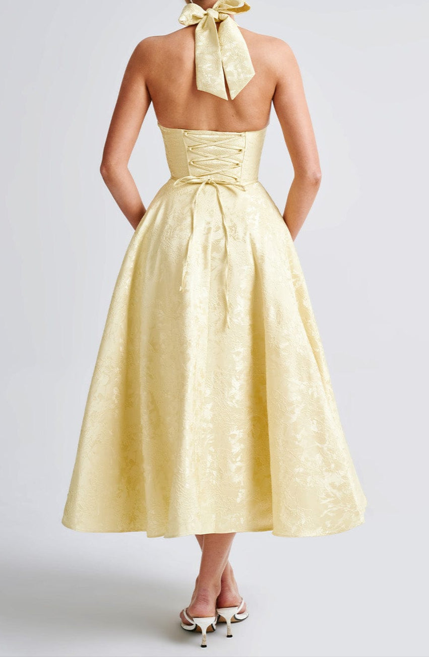 Damen Halterneck Midi Kleid Mit Floralem Jacquard Im Zitronengelb