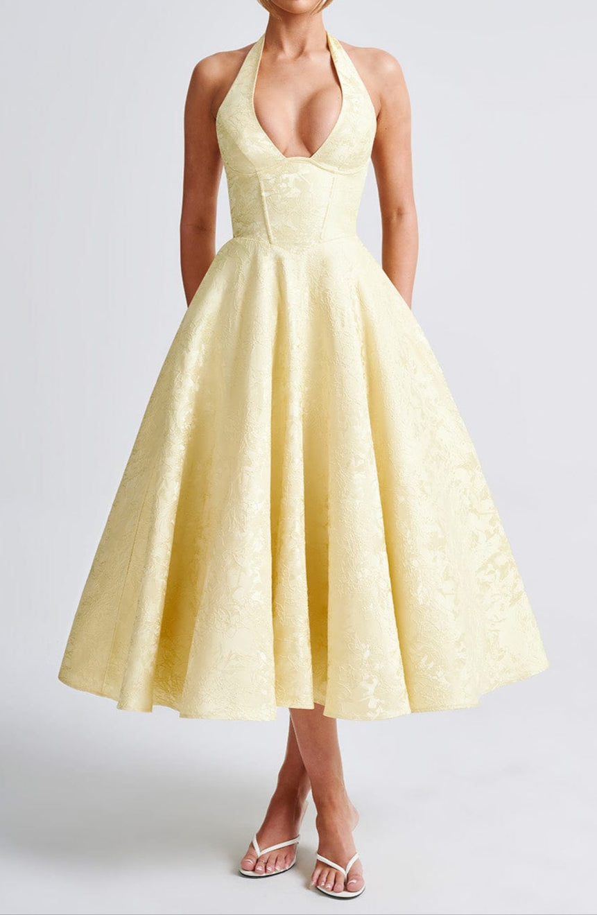 Damen Halterneck Midi Kleid Mit Floralem Jacquard Im Zitronengelb