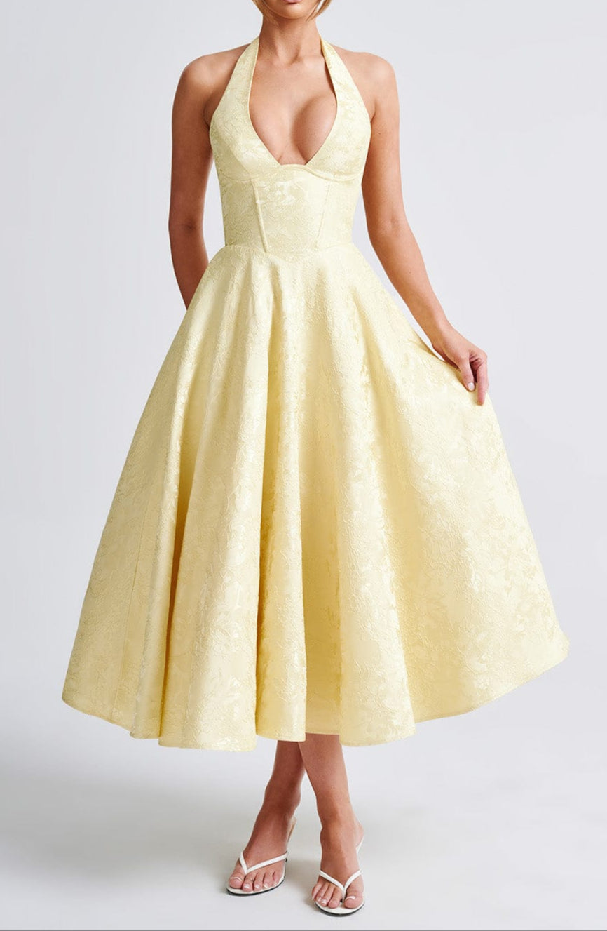 Damen Halterneck Midi Kleid Mit Floralem Jacquard Im Zitronengelb