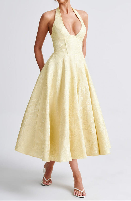 Damen Halterneck Midi Kleid Mit Floralem Jacquard Im Zitronengelb