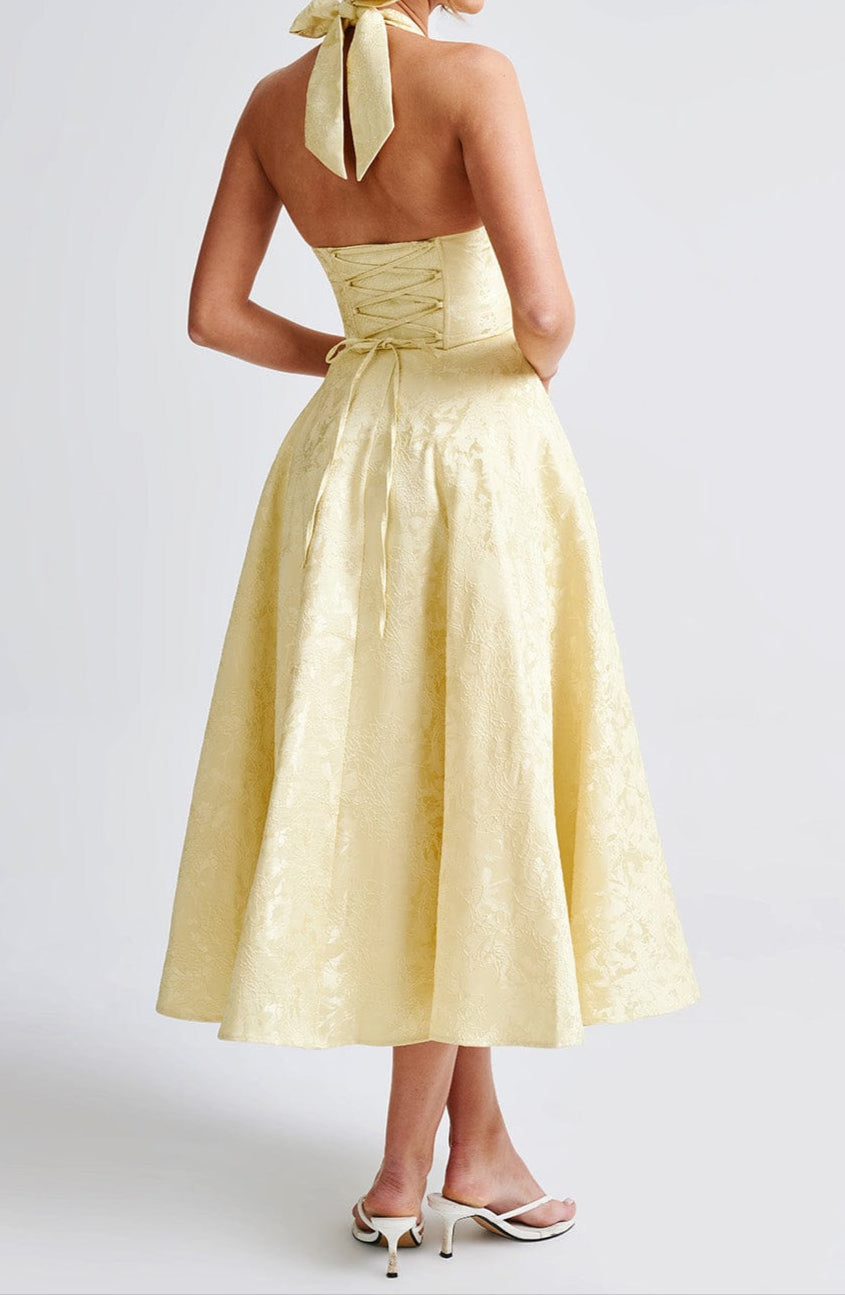 Damen Halterneck Midi Kleid Mit Floralem Jacquard Im Zitronengelb