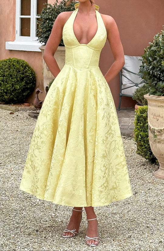 Damen Halterneck Midi Kleid Mit Floralem Jacquard Im Zitronengelb