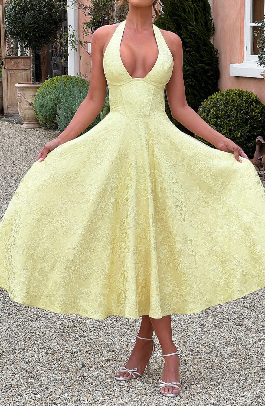 Damen Halterneck Midi Kleid Mit Floralem Jacquard Im Zitronengelb