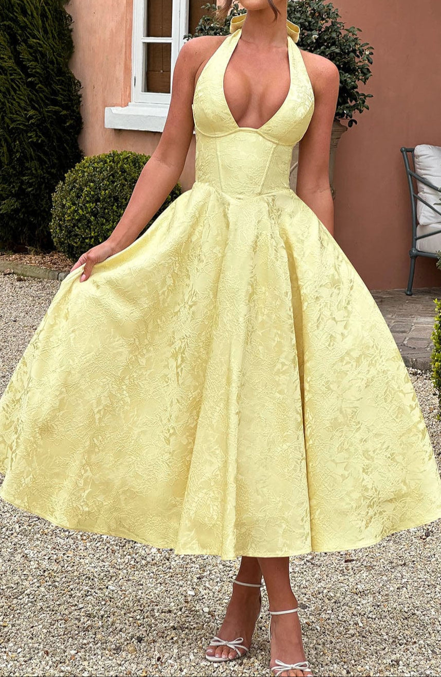 Damen Halterneck Midi Kleid Mit Floralem Jacquard Im Zitronengelb