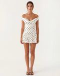 Schulterfreies Mini-Kleid aus Baumwolle mit gerafften Details und Polka-Dots in Weiß