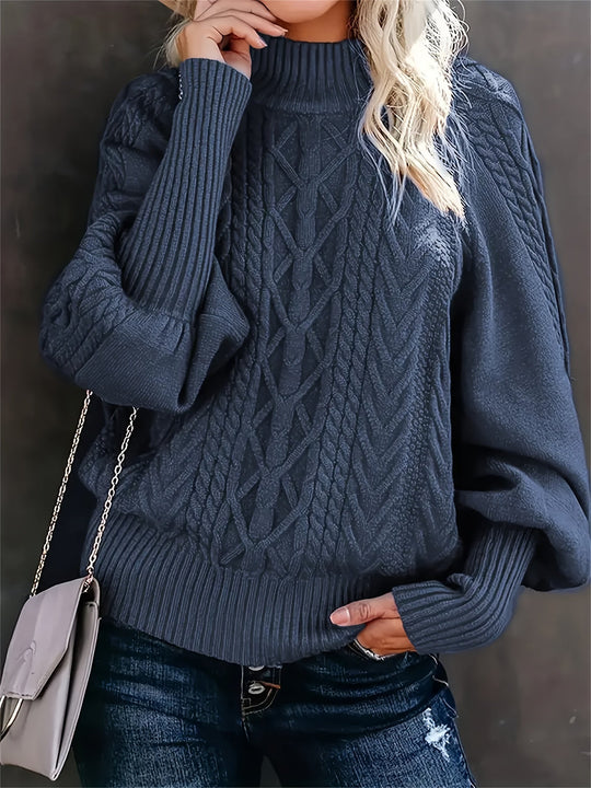 Damen Strickpullover Mit Zopfmuster Und Hohem Kragen