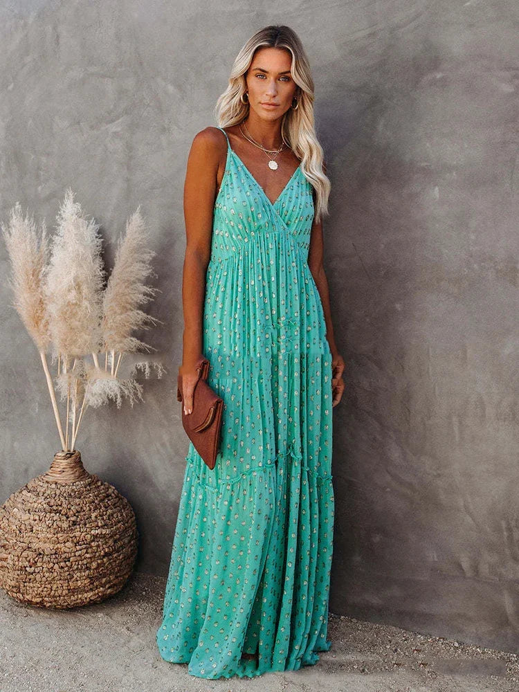 Boho-Chic Grünes Langes Sommerkleid