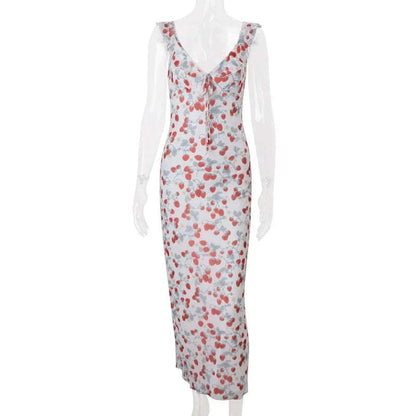 Florales Maxikleid mit tiefem V-Ausschnitt und offenem Rücken Sommerkleid