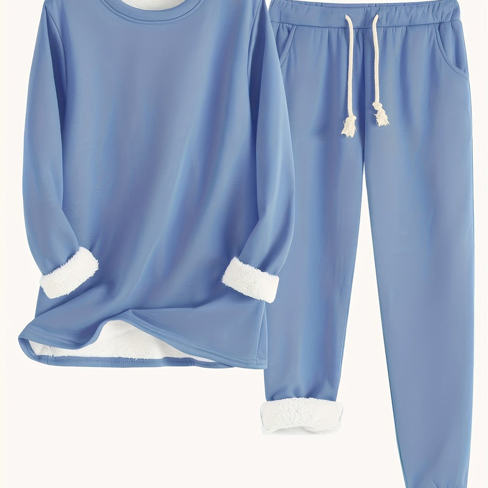 Zweiteiliges Fleece-Set mit Rundhalsausschnitt und Hose für Damen