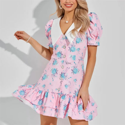 Damen Mini Kleid mit Puffärmeln und Rüschen