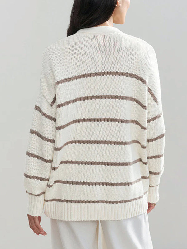 Damen Gestreifter Cardigan Mit V-Ausschnitt Und Knopfleiste