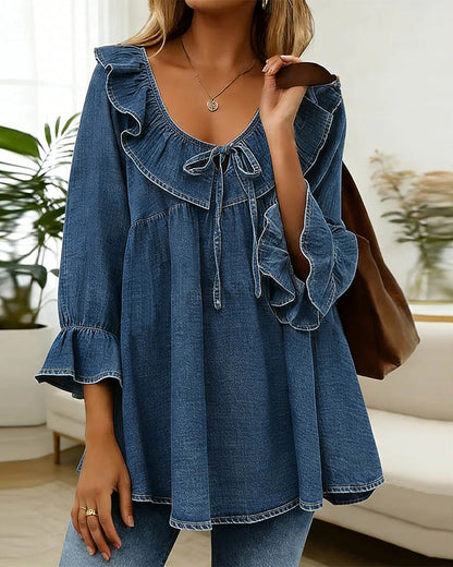 Bluse in luftiger Denim-Optik mit Rüschen-Details Blau