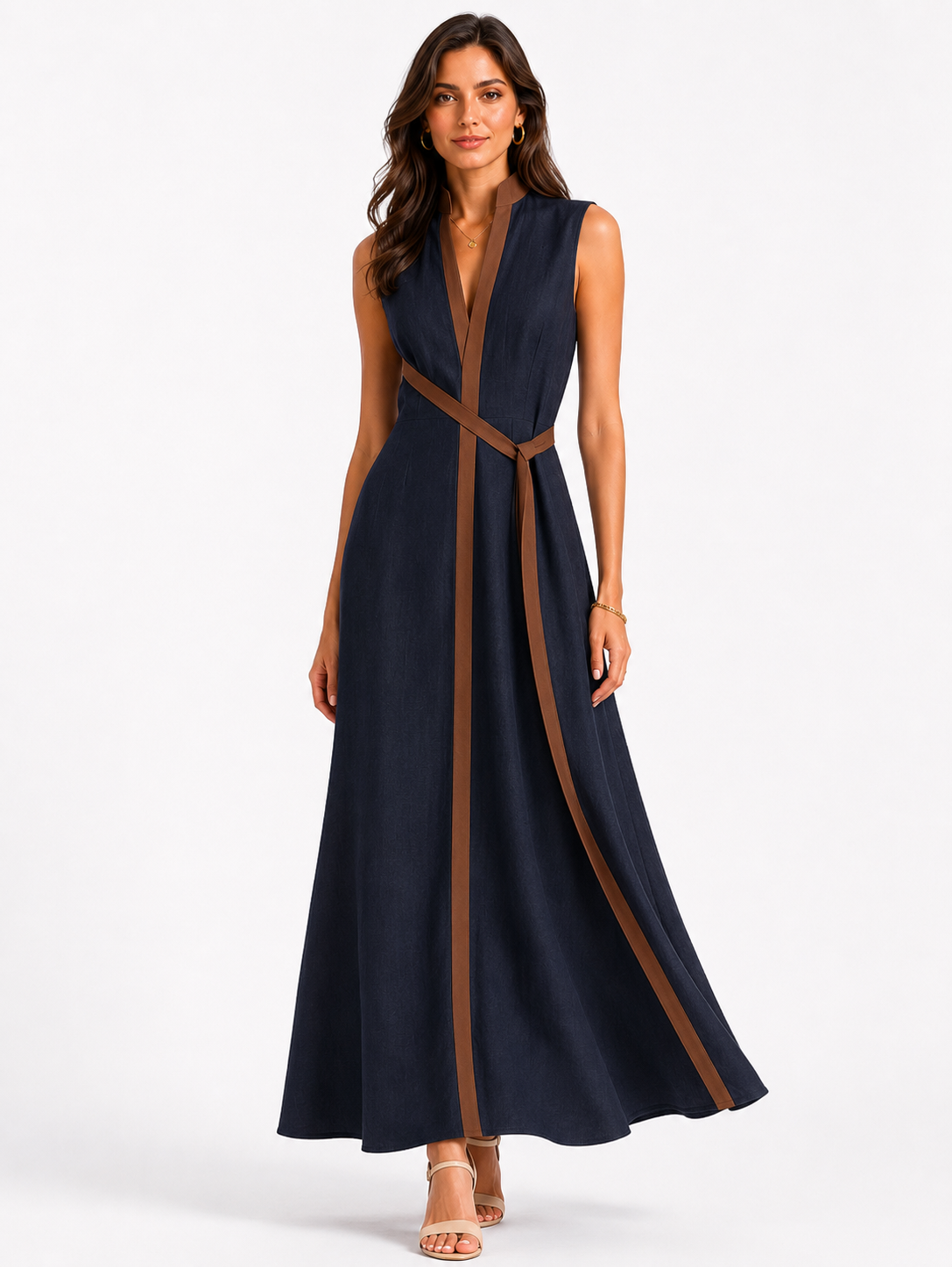 Ärmelloses Midi-Kleid für Damen mit Stehkragen und lockerem Schnitt