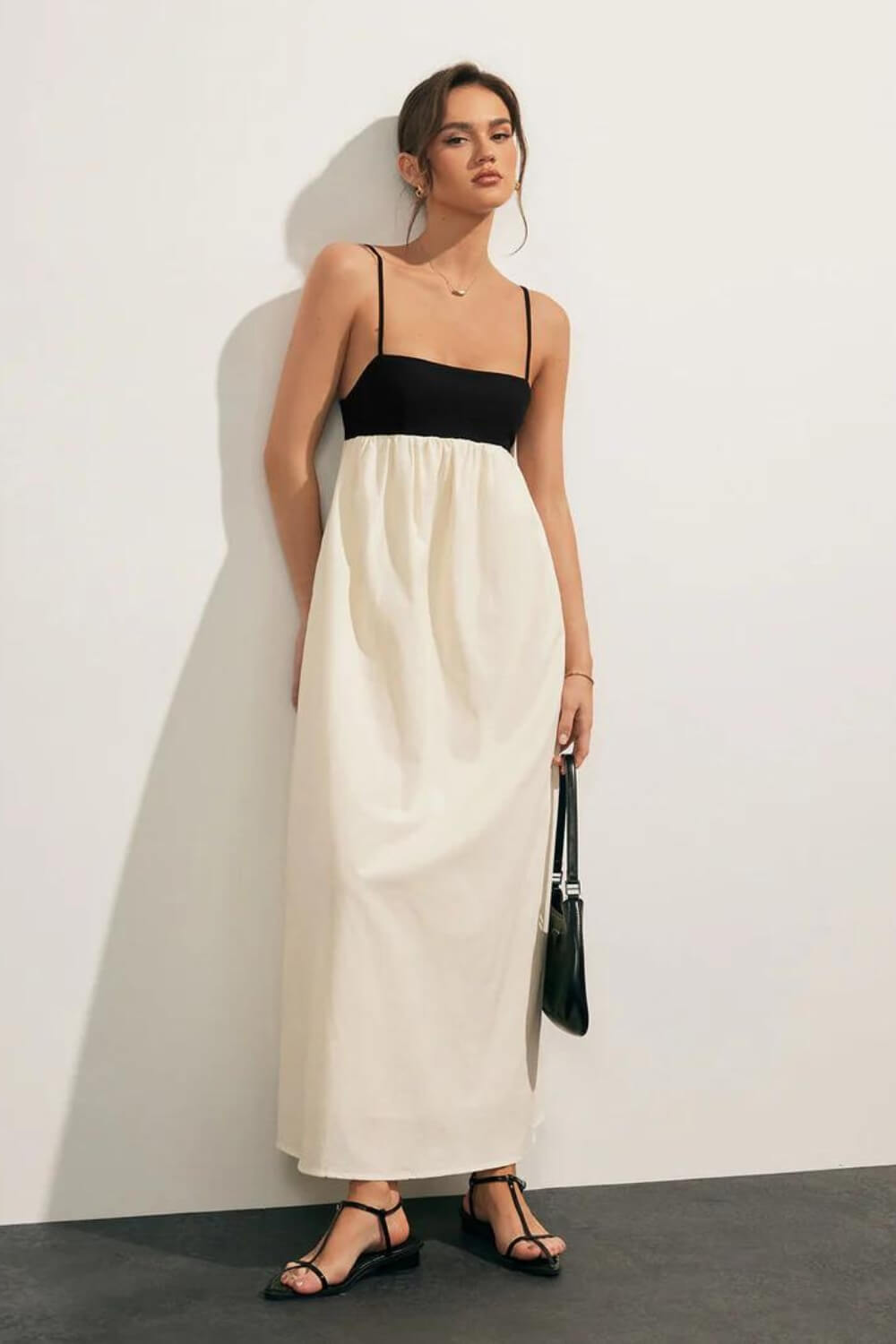Midikleid aus Leinen-Baumwoll-Mischung für Damen, Schwarz und Weiß