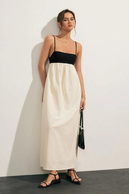 Midikleid aus Leinen-Baumwoll-Mischung für Damen, Schwarz und Weiß