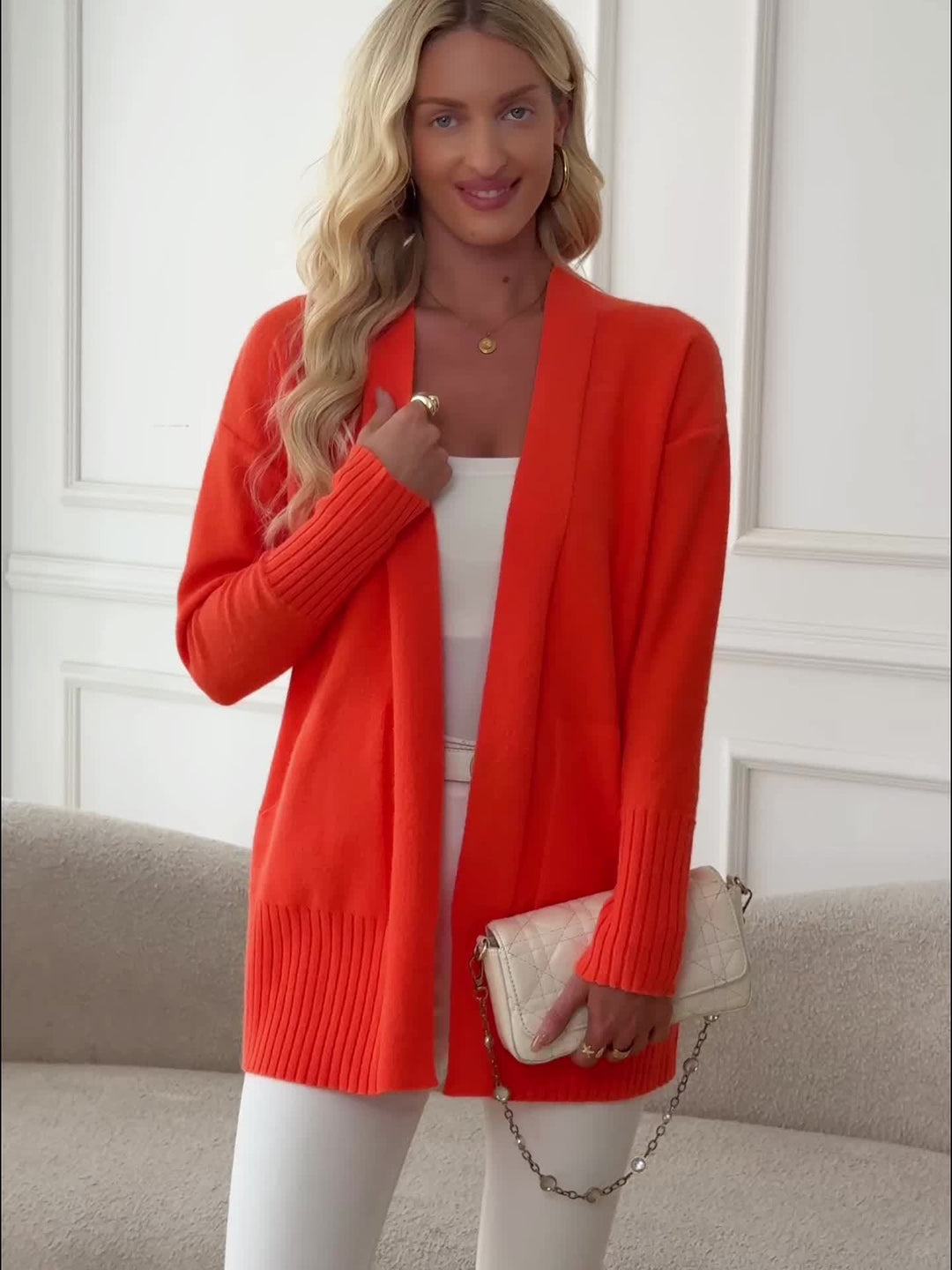 Langer Strickcardigan mit V-Ausschnitt für Damen