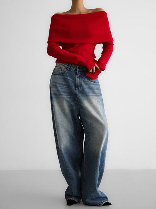 Damen Off Shoulder Pullover Mit Langem Arm