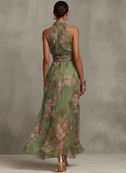 Grünes Blumenmuster Chiffon Maxikleid mit Neckholder-Ausschnitt