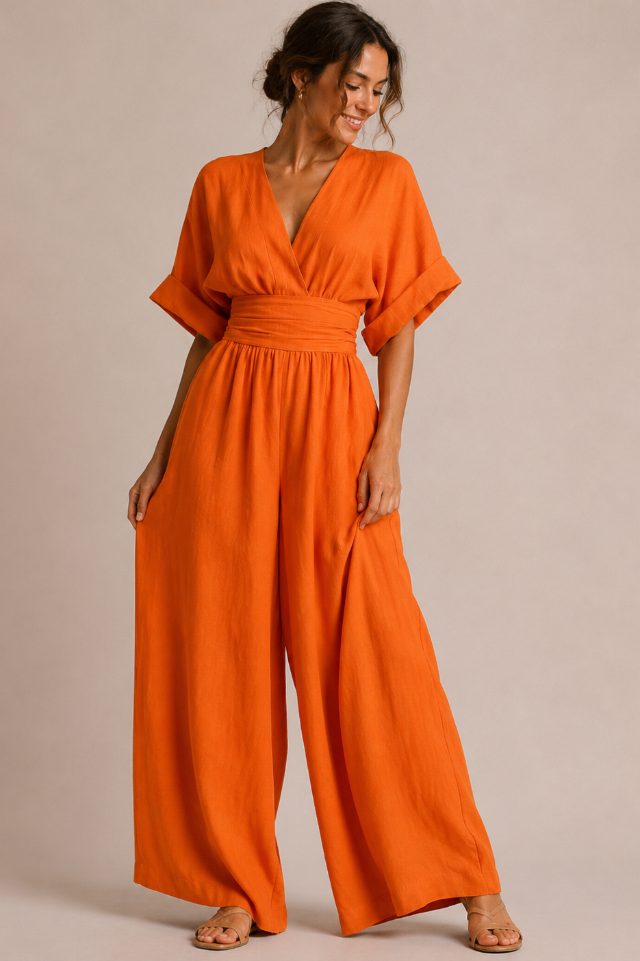 Weitbeiniger Micro-Elastischer Jumpsuit mit Dreiviertelärmeln