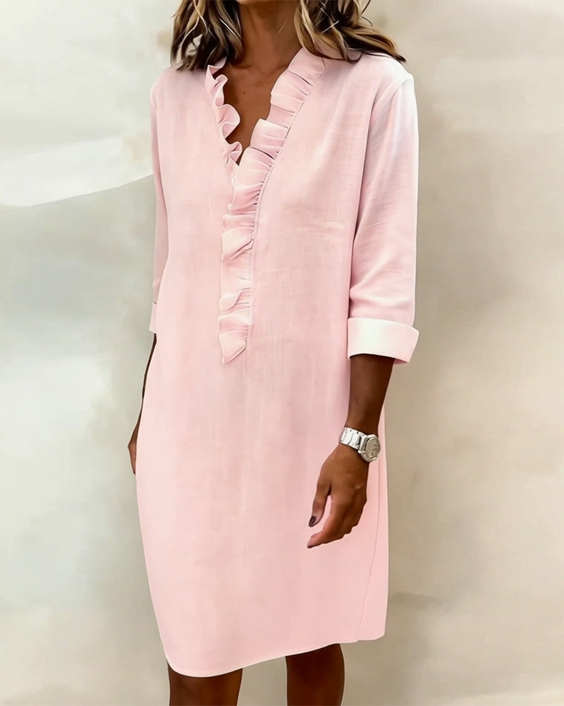 Leinenmischgewebe Kleid mit Volant und geradem Schnitt