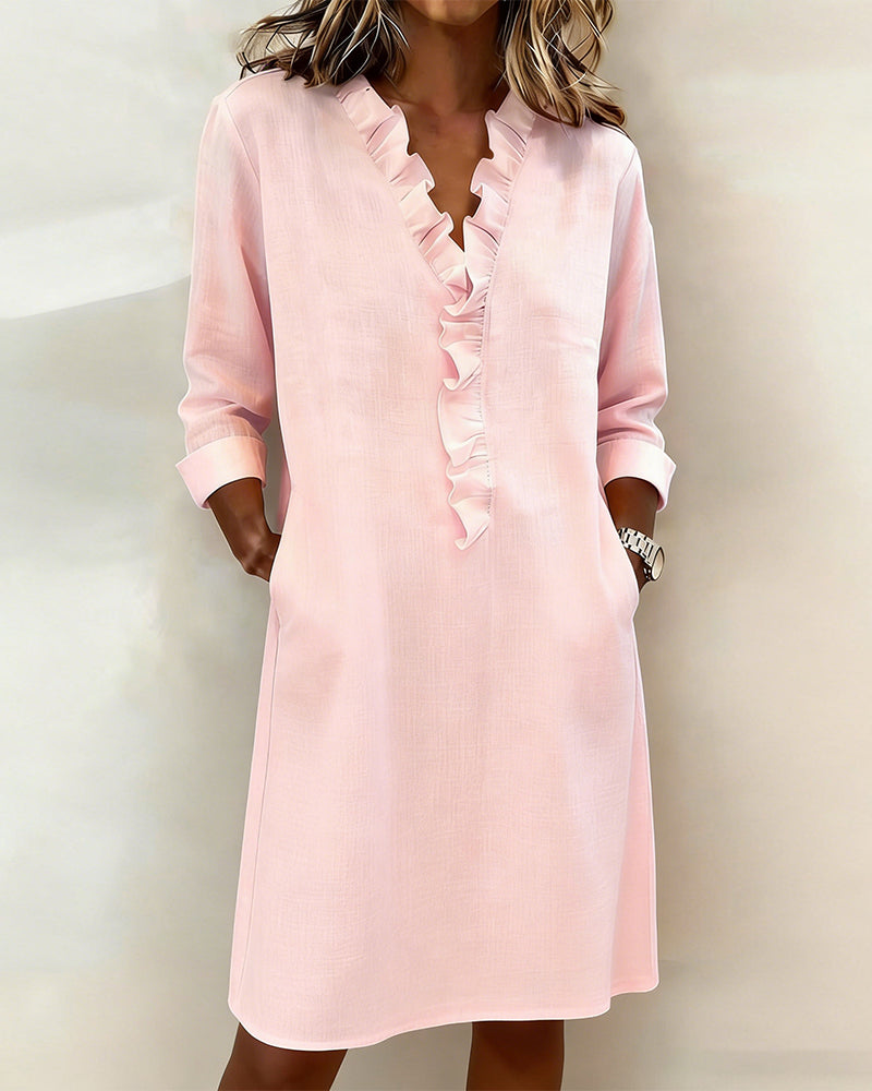 Leinenmischgewebe Kleid mit Volant und geradem Schnitt