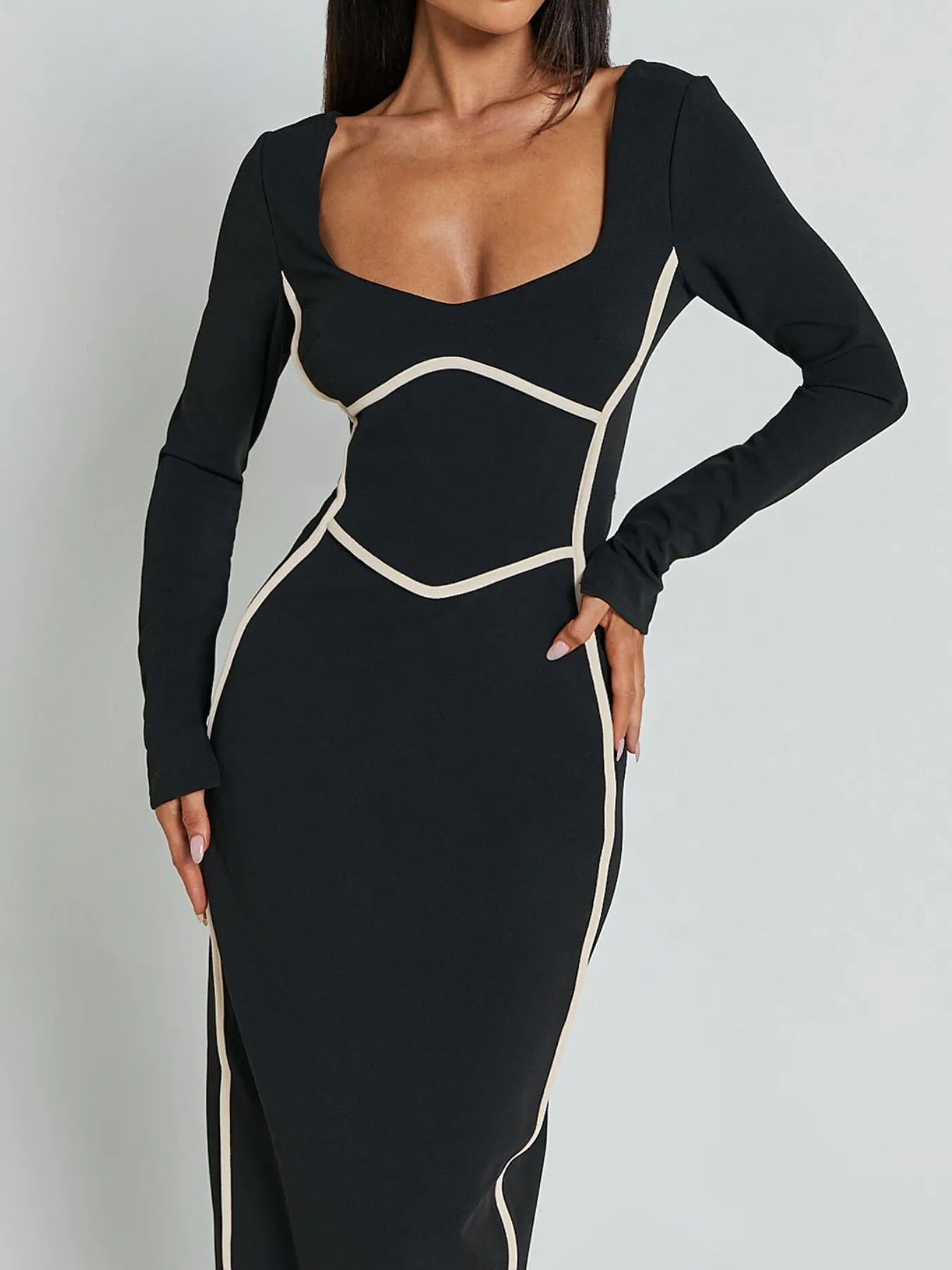 Langarm Bodycon Maxikleid mit Kontrastbesatz