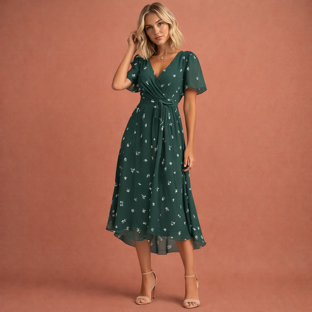 Midi-Kleid mit kurzem Ärmel und Blumenmuster für Damen