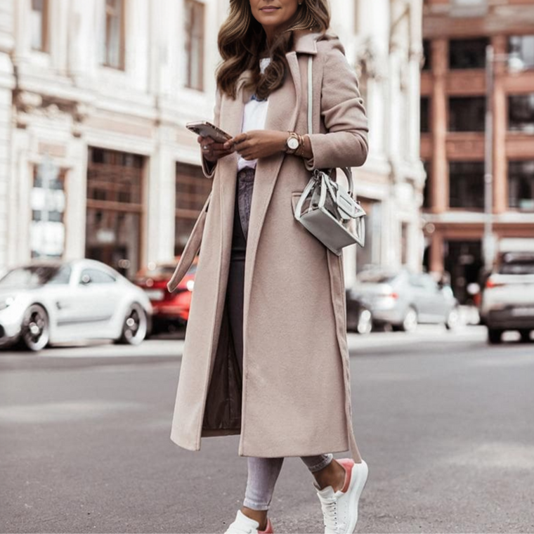 Damen Wollmantel Lang Im Trenchcoat Design