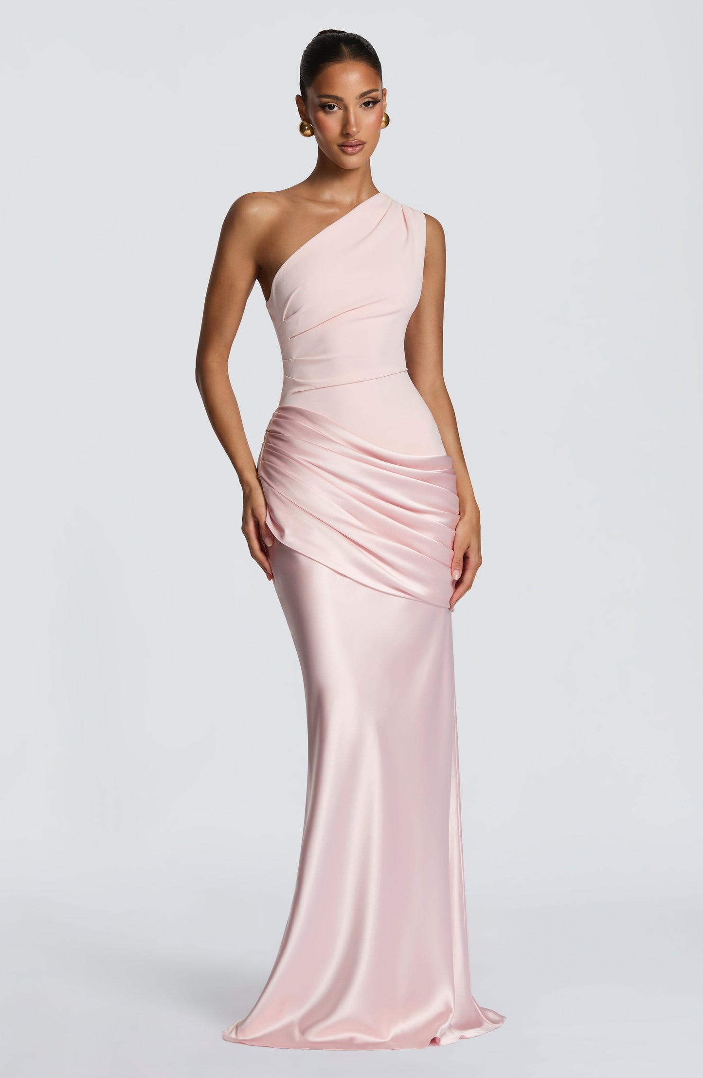 Ein-Schulter Crepe Satin Maxikleid Damen