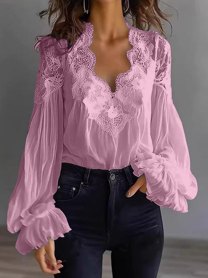 Damenbluse mit Spitzen-Patchwork und Puffärmeln