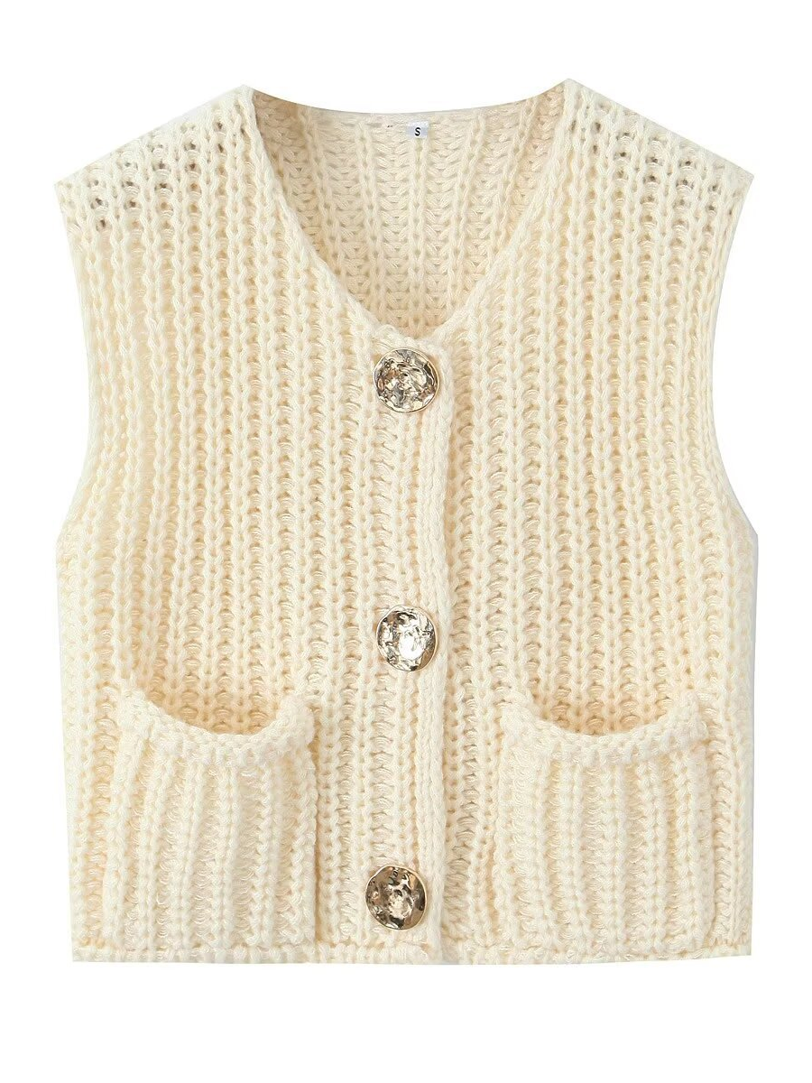 Damen Strickweste Ärmellos Mit Knöpfen Und Taschen