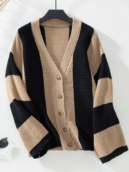 Damen Strickjacke Mit Streifenmuster Und Knopfleiste