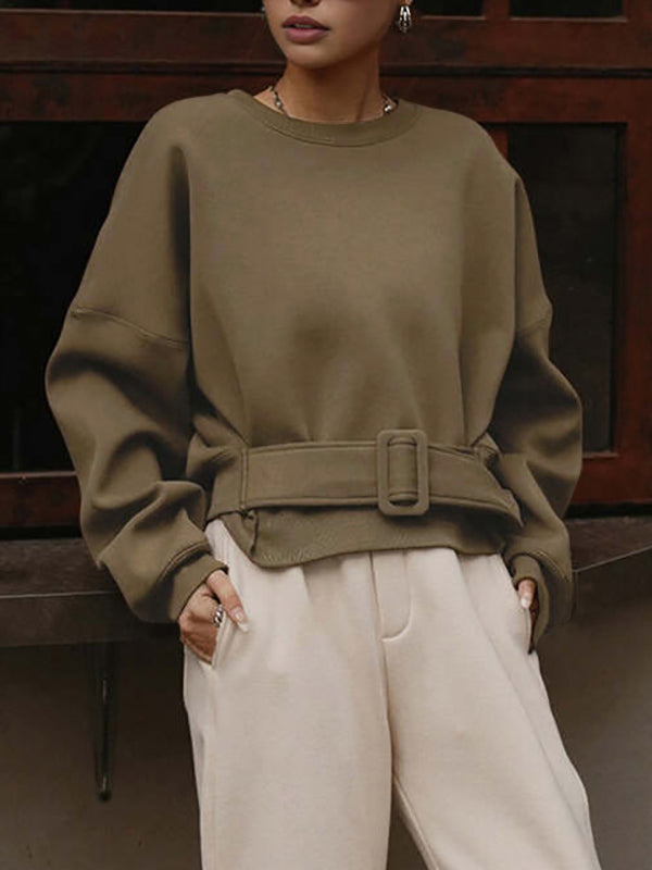 Damen Sweatshirt Mit Gürtel Und Rundhalsausschnitt