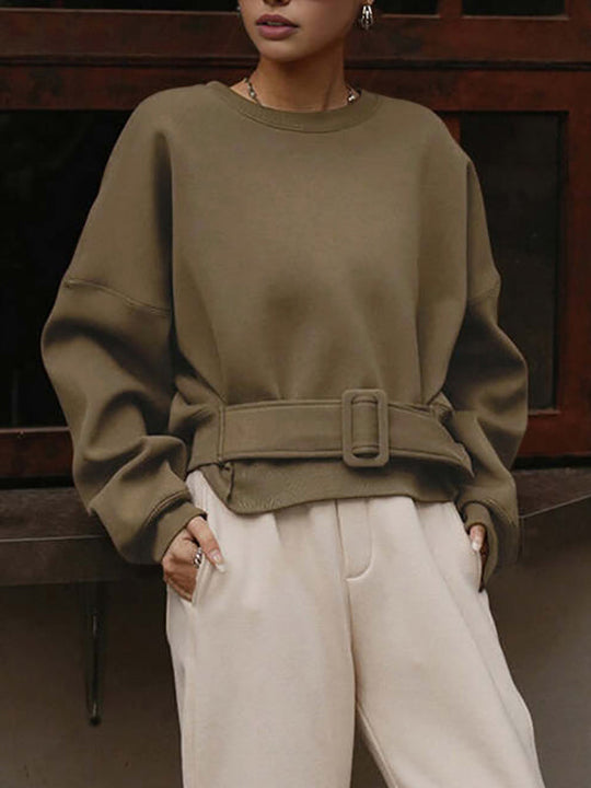 Damen Sweatshirt Mit Gürtel Und Rundhalsausschnitt