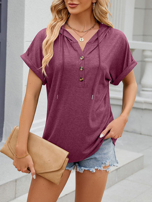 Damen Bluse Mit Kapuze Und Knopfleiste In Uni