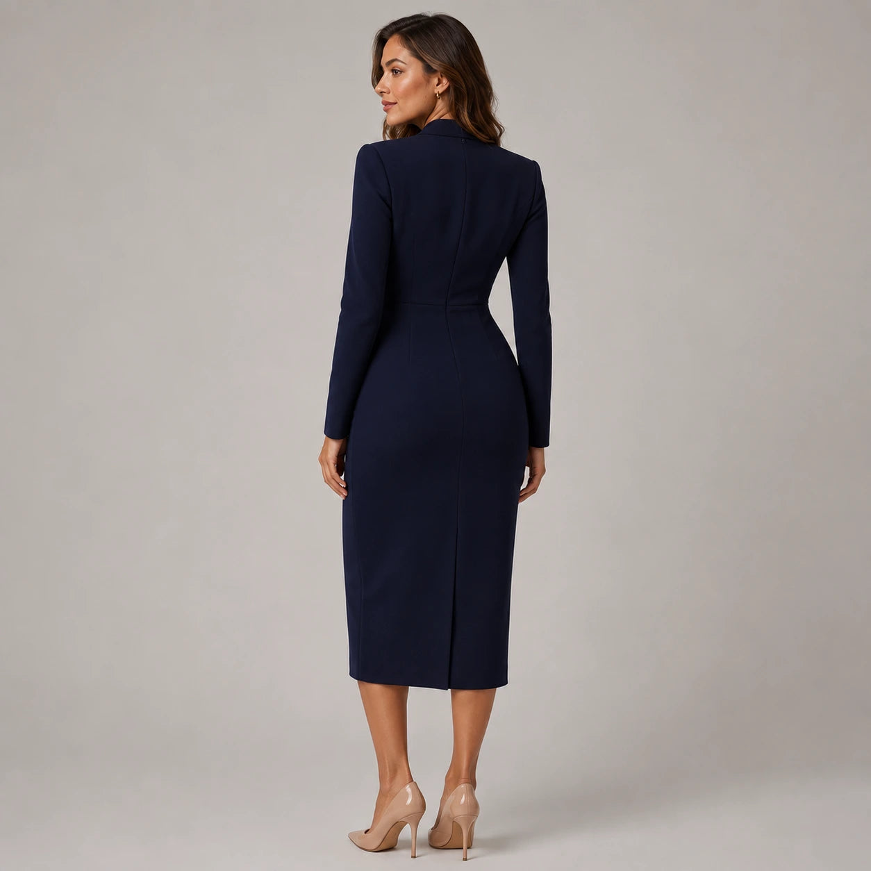 Damen Maßgeschneidertes Wickelkleid Midi Langarm Navy Burgund Schwarz