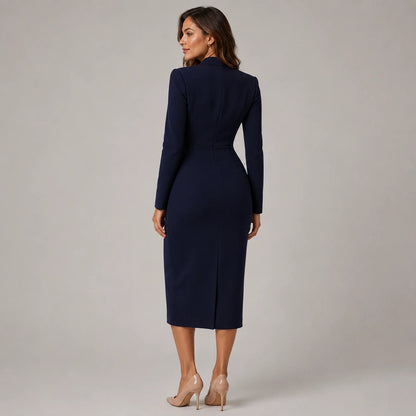 Damen Maßgeschneidertes Wickelkleid Midi Langarm Navy Burgund Schwarz