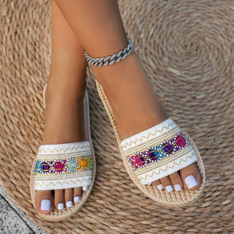 Bequeme Damen Slipper mit Zierband und offener Zehenpartie