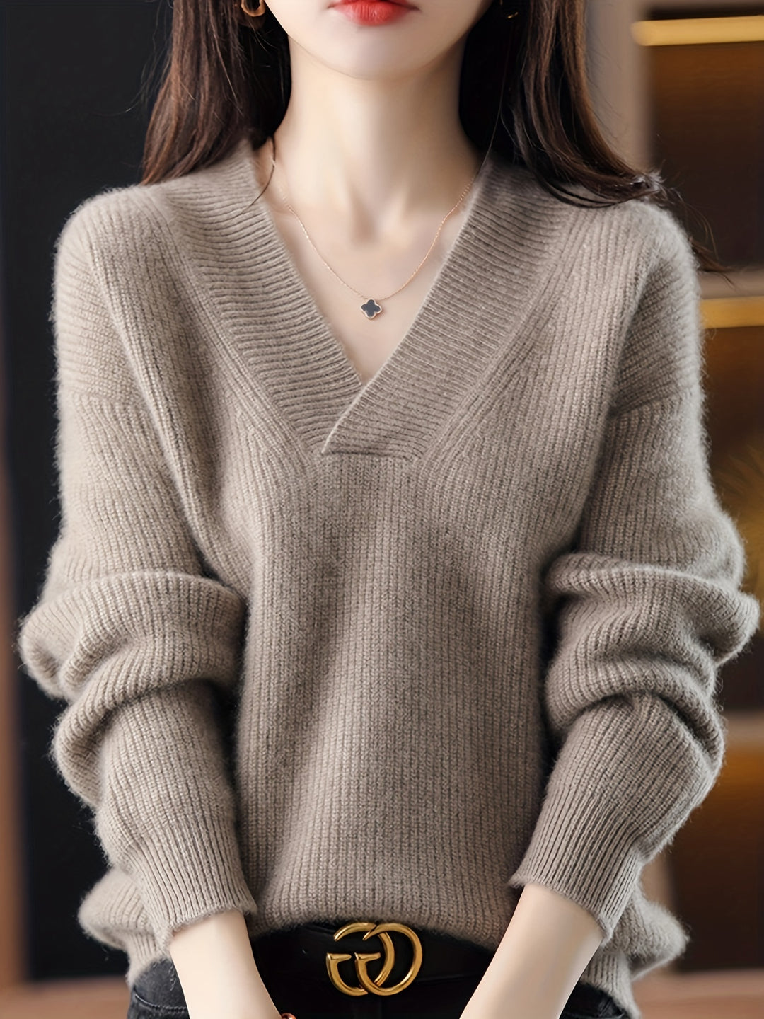 Locker geschnittener V-Ausschnitt Pullover für Damen